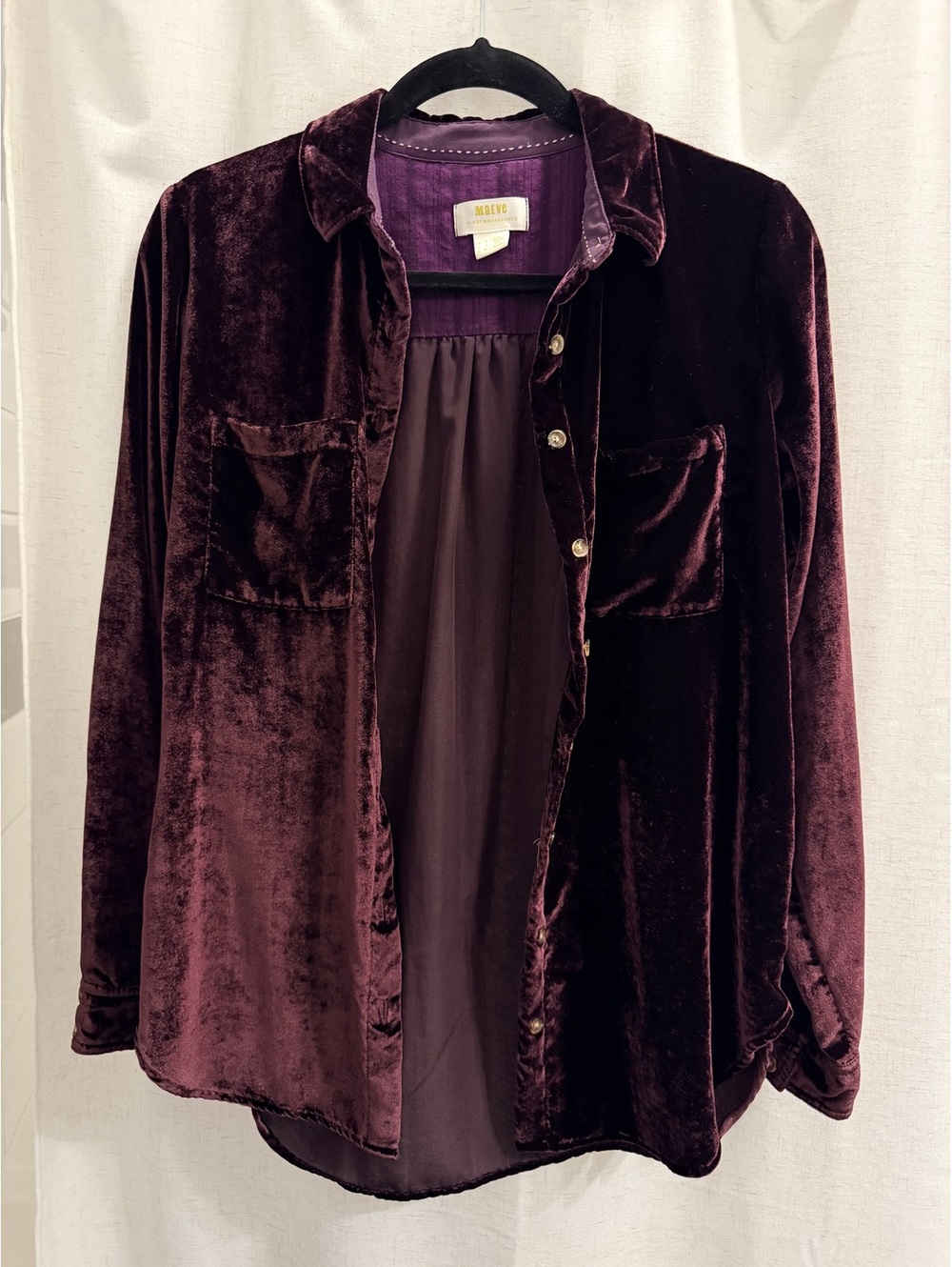 Anthropologie Sz 0 Velvet Button-Up Shirt in Deep Plum